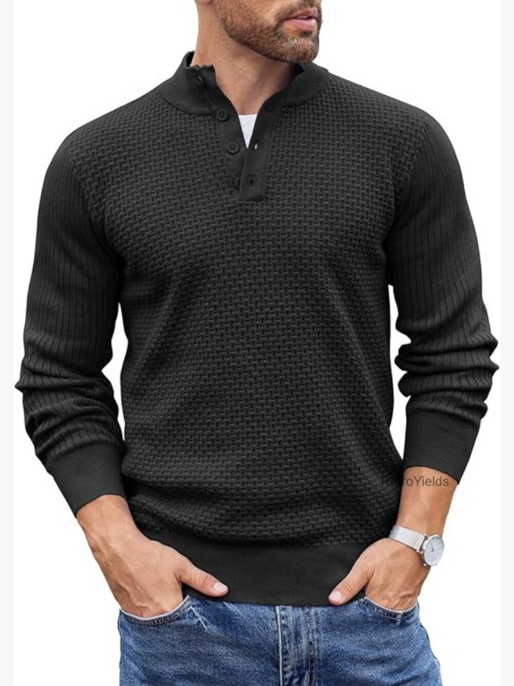 Men's Quarter Button Mock Neck Pullover Sweater Knitted Waffle Henley